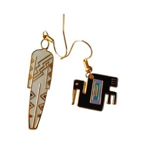 Vintage Laurel Burch Cloisonné Earrings 'Man & Pelican' Dangle French Ear Wires